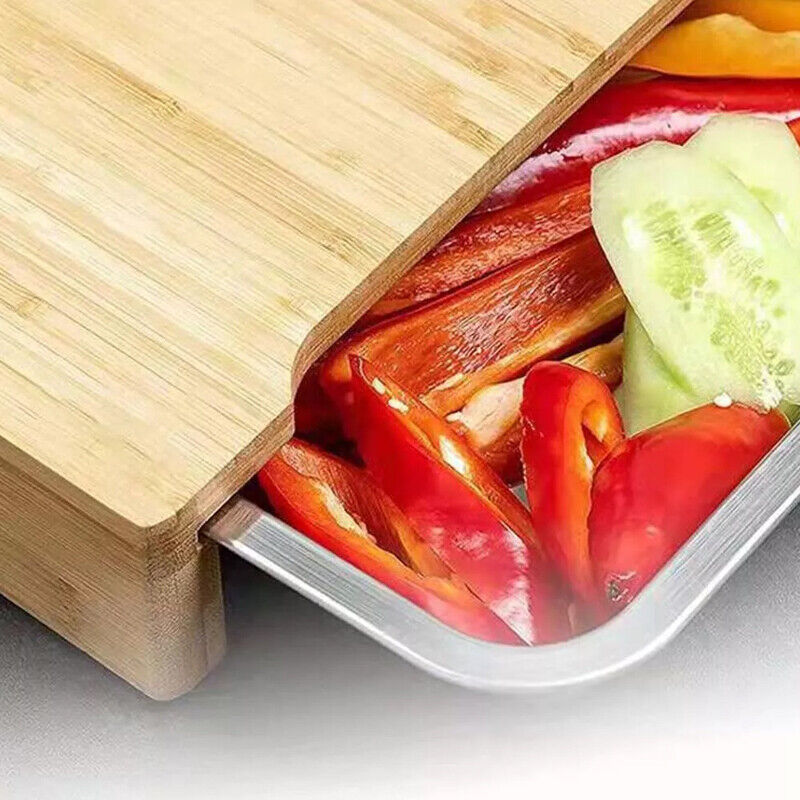 Bamboo Wooden Chopping Board Cutting Slicing Sliding Stainless Steel Tray