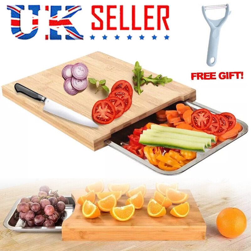Bamboo Wooden Chopping Board Cutting Slicing Sliding Stainless Steel Tray
