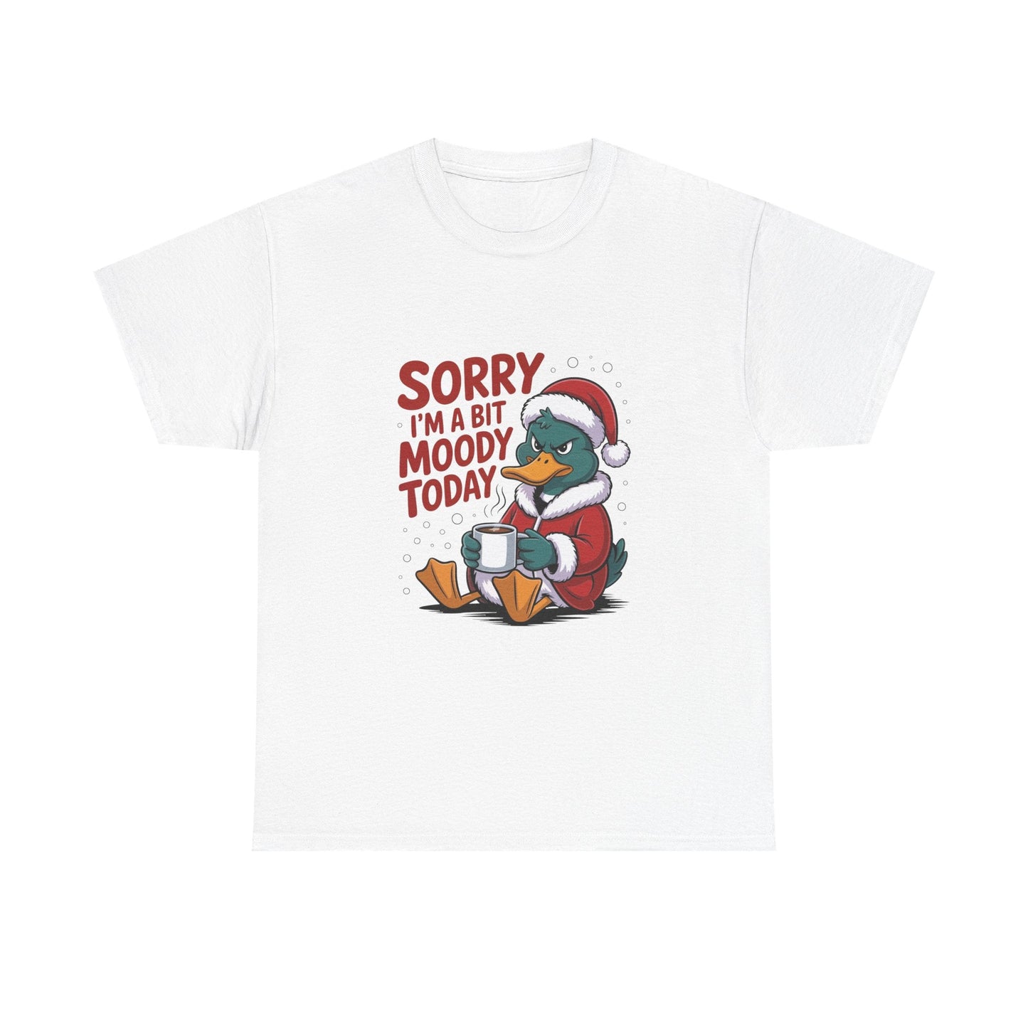 White festive duck tee with moody duck cartoon and humorous Christmas text design