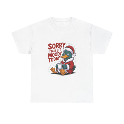 White festive duck tee with moody duck cartoon and humorous Christmas text design