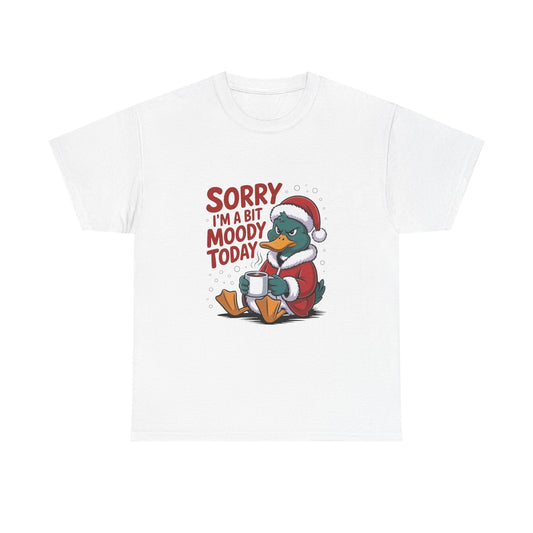 White festive duck tee with moody duck cartoon and humorous Christmas text design