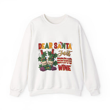 White cozy Christmas crewneck sweatshirt with festive "Dear Santa Just Bring Wine" graphic and wine bottle design
