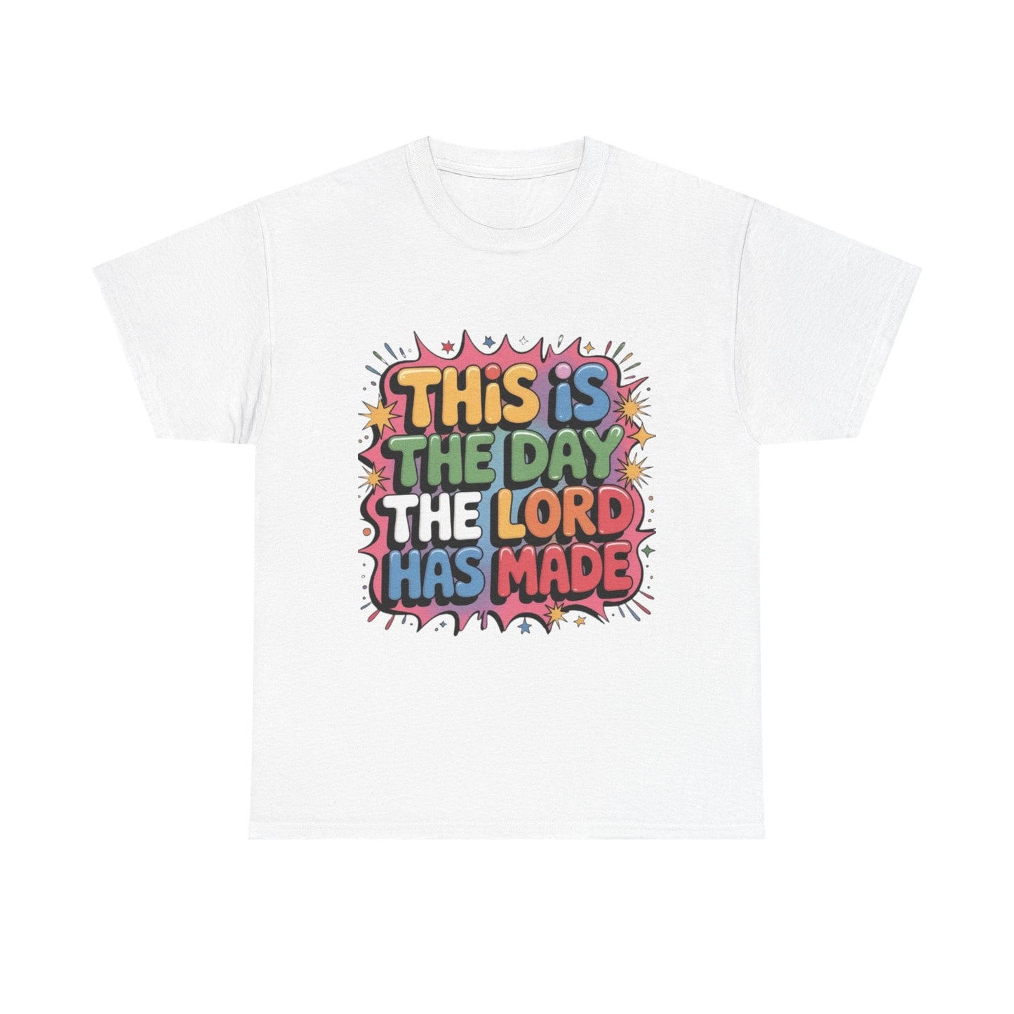 White unisex colorful inspirational tee with "This is the day the Lord has made" motivational text design