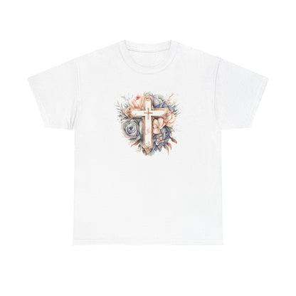 White heavy cotton tee with floral cross design, durable fabric, and ribbed collar.