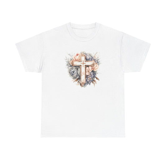 White heavy cotton tee with floral cross design, durable fabric, and ribbed collar.
