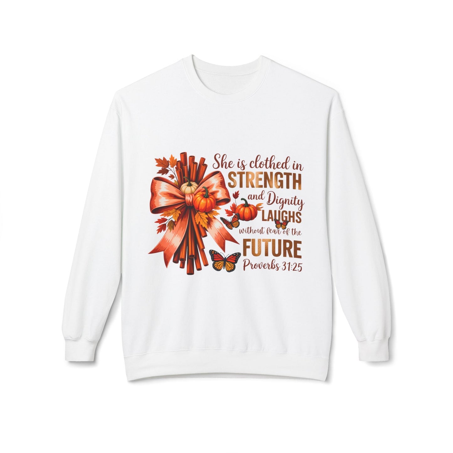 White Inspirational Strength Sweatshirt with fall-themed design and motivational quote, cozy crewneck for autumn and winter wear