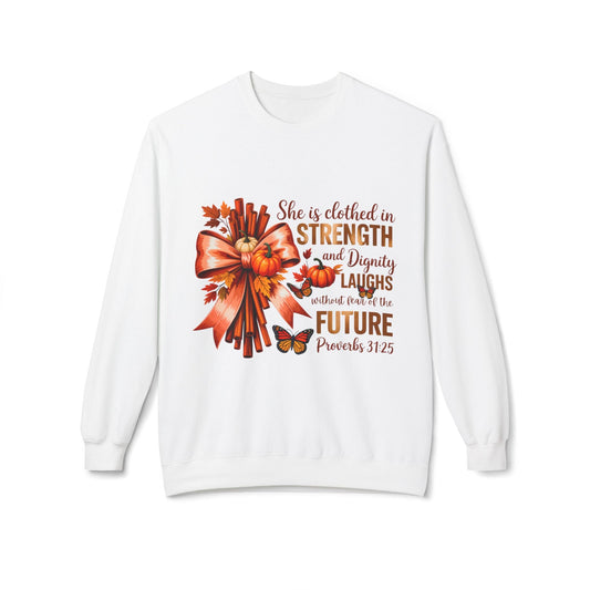 White Inspirational Strength Sweatshirt with fall-themed design and motivational quote, cozy crewneck for autumn and winter wear