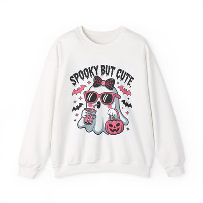 white spooky ghost crewneck sweatshirt with Halloween design featuring a ghost wearing sunglasses and holding a pumpkin bucket and drink
