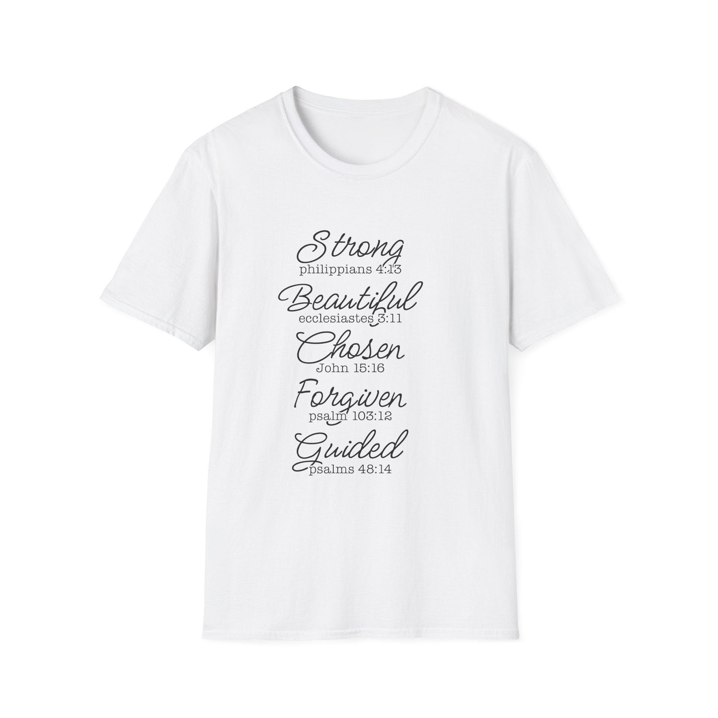 White novelty t-shirt with inspirational biblical quotes, 100% ring-spun cotton, classic fit, lightweight and breathable casual wear.