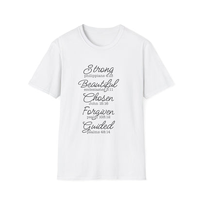 White novelty t-shirt with inspirational biblical quotes, 100% ring-spun cotton, classic fit, lightweight and breathable casual wear.