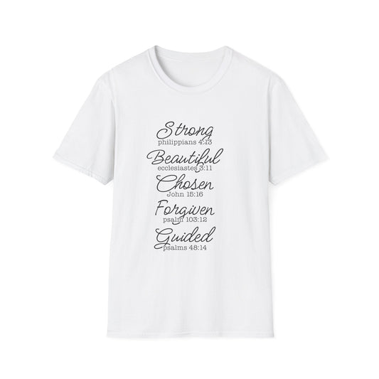 White novelty t-shirt with inspirational biblical quotes, 100% ring-spun cotton, classic fit, lightweight and breathable casual wear.