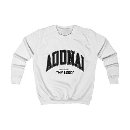 Kids Adonal sweatshirt in white with ribbed collar and black "ADONAI MY LORD" text, soft cotton-poly blend for comfort and durability
