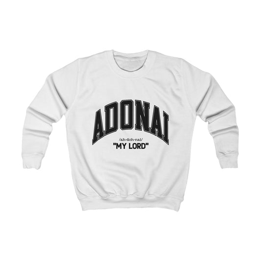 Kids Adonal sweatshirt in white with ribbed collar and black "ADONAI MY LORD" text, soft cotton-poly blend for comfort and durability