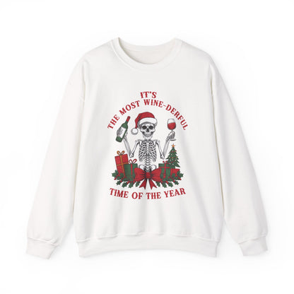 Spooky Sips Sweatshirt white unisex crewneck with skeleton holding wine and Christmas design