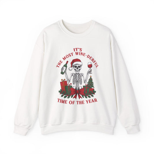 Spooky Sips Sweatshirt white unisex crewneck with skeleton holding wine and Christmas design