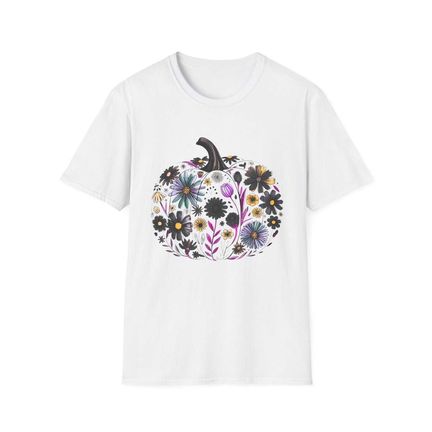 White unisex t-shirt with a fall floral pumpkin design featuring colorful autumn flowers.