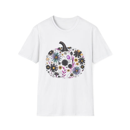 White unisex t-shirt with a fall floral pumpkin design featuring colorful autumn flowers.