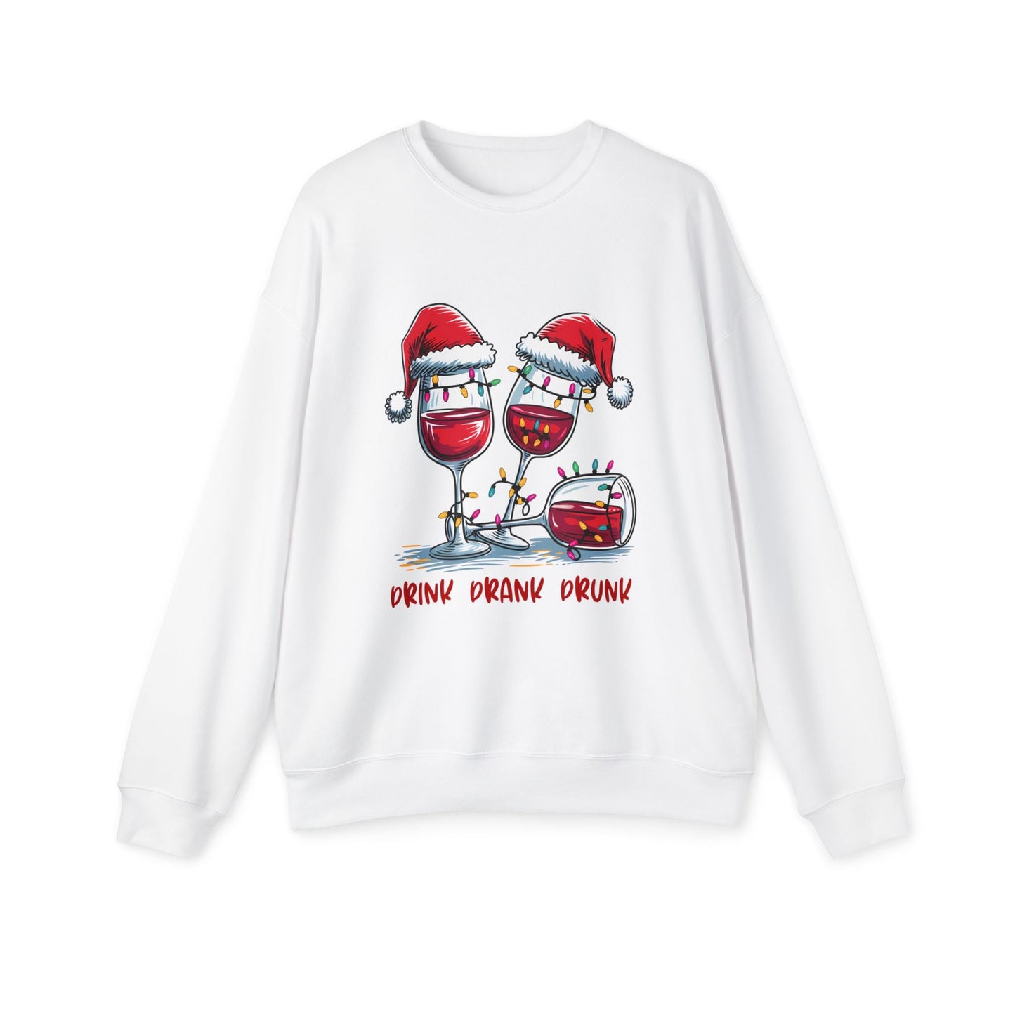 White festive wine glass sweatshirt with holiday Santa hats and "Drink Drank Drunk" text design
