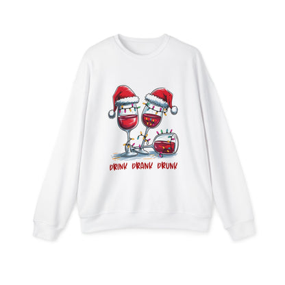 White festive wine glass sweatshirt with holiday Santa hats and "Drink Drank Drunk" text design