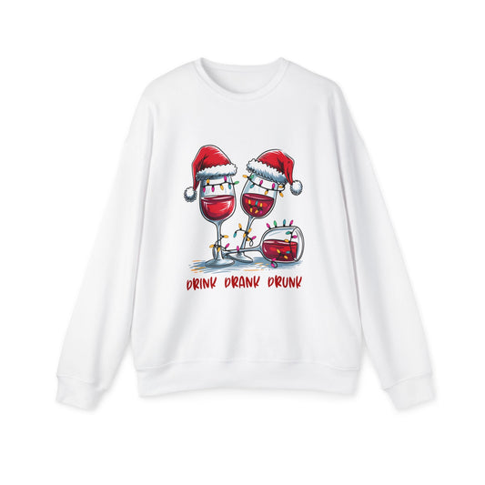 White festive wine glass sweatshirt with holiday Santa hats and "Drink Drank Drunk" text design