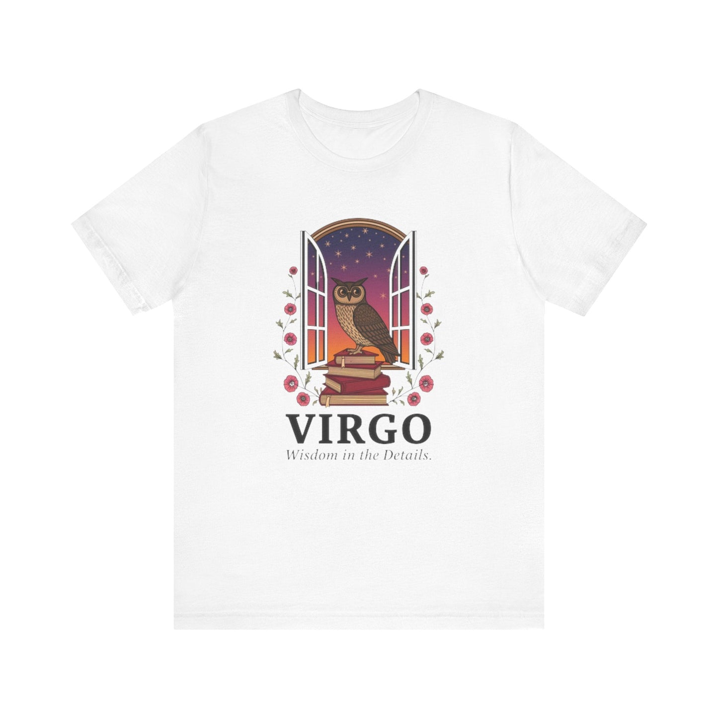 White unisex Virgo Owl T-Shirt with owl and celestial design, made of soft 100% Airlume cotton, breathable and comfortable astrology tee.