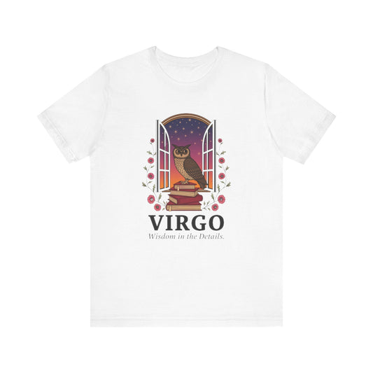 White unisex Virgo Owl T-Shirt with owl and celestial design, made of soft 100% Airlume cotton, breathable and comfortable astrology tee.