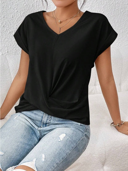 Fashion V-neck Short-sleeve T-shirt Summer Casual Irregular Knot Top For Women Clothing
