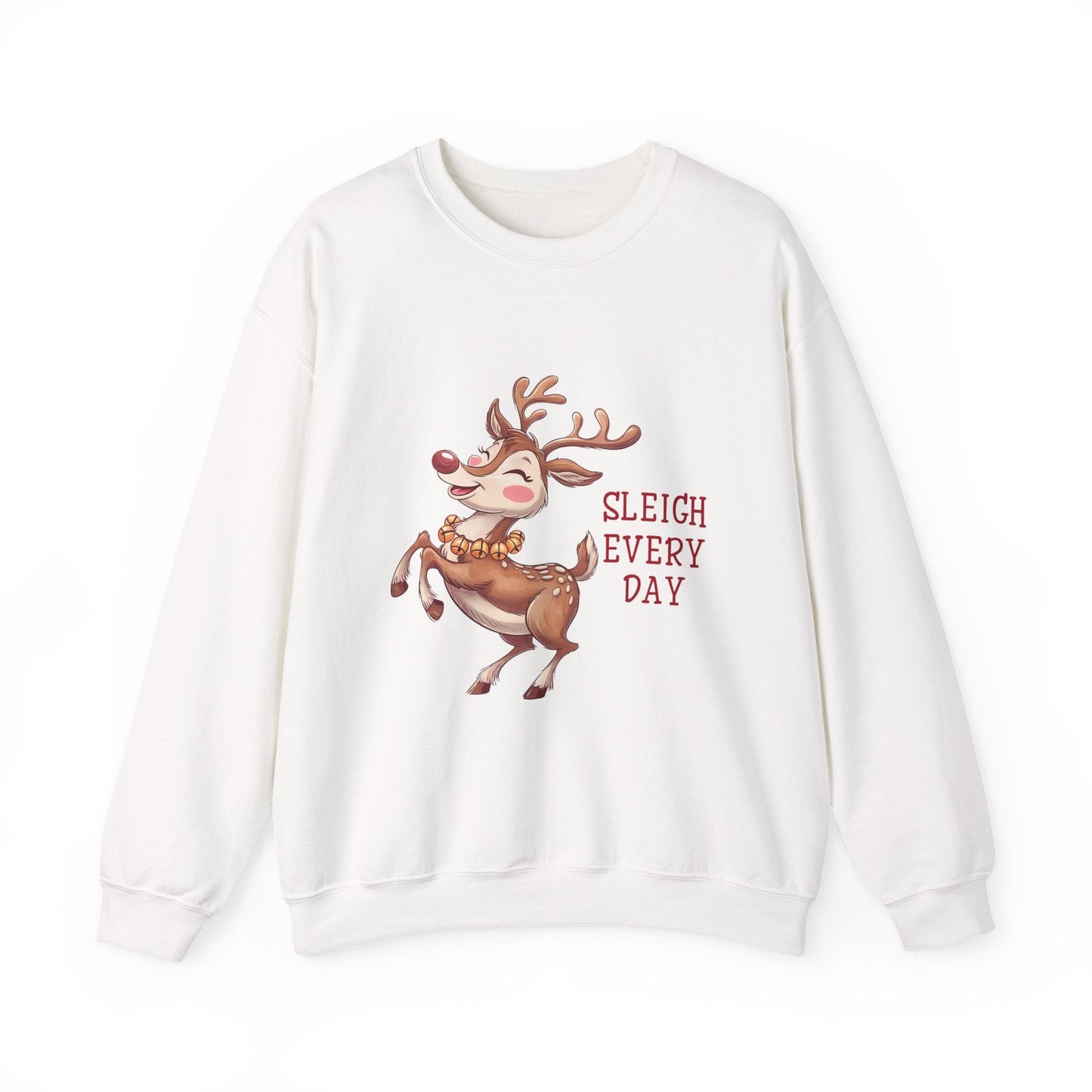 White unisex sweatshirt with playful "Sleigh Every Day" reindeer design in festive style