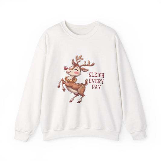 White unisex sweatshirt with playful "Sleigh Every Day" reindeer design in festive style