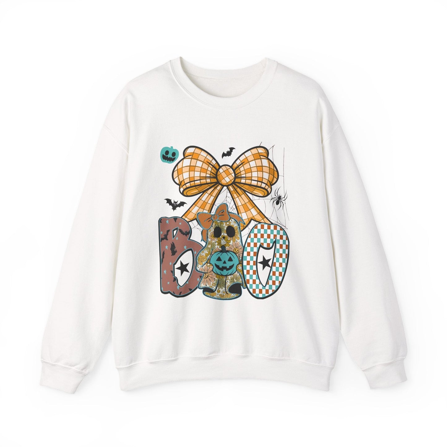 Halloween Boo Bear Sweatshirt white crewneck with playful pumpkin, ghost, and bow design for cozy fall wear