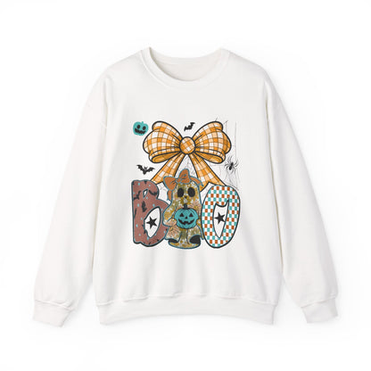 Halloween Boo Bear Sweatshirt white crewneck with playful pumpkin, ghost, and bow design for cozy fall wear