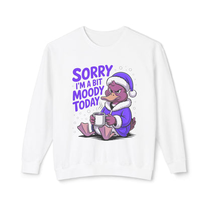 white Moody Penguin Crewneck Sweatshirt with playful moody penguin graphic holding a cup and text "Sorry I'm a bit moody today" made of soft 100% ring-spun cotton with ribbed cuffs and hem