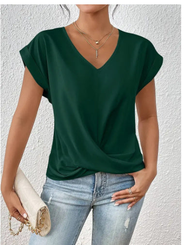 Fashion V-neck Short-sleeve T-shirt Summer Casual Irregular Knot Top For Women Clothing