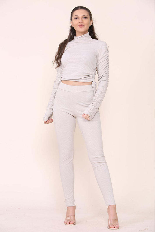 High Neck Ruched Side Arm Solid Drawstrings Ribbed Tee And Leggings Set