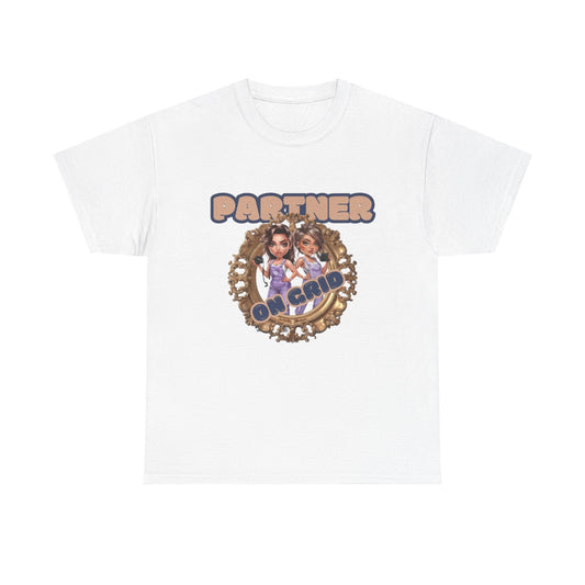 White Retro Partner Tee with playful "Partner in Crime" graphic of two characters in vintage style