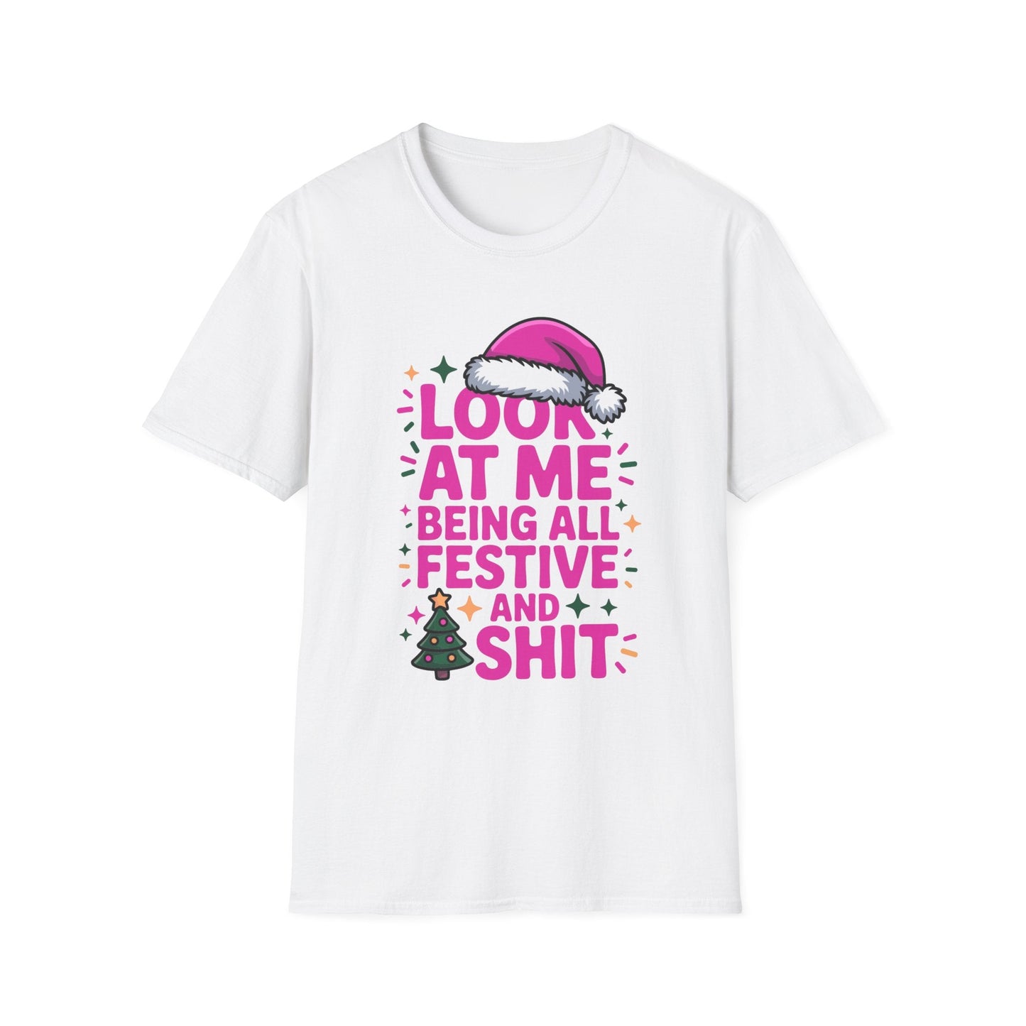 White holiday tee with festive pink text and Christmas graphics, lightweight cotton for holiday wear