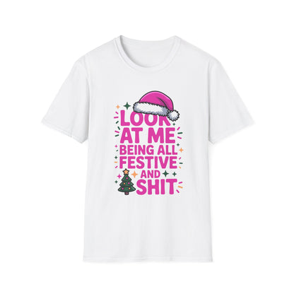 White holiday tee with festive pink text and Christmas graphics, lightweight cotton for holiday wear