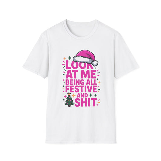 White holiday tee with festive pink text and Christmas graphics, lightweight cotton for holiday wear