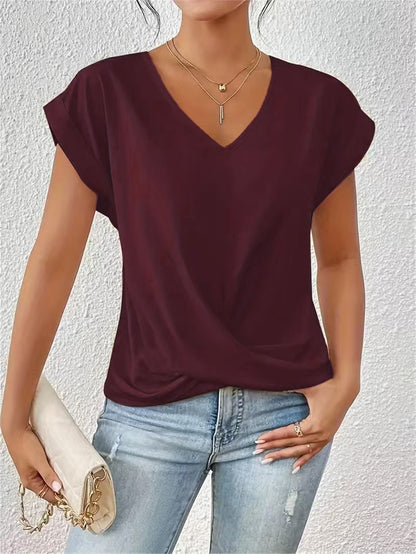 Fashion V-neck Short-sleeve T-shirt Summer Casual Irregular Knot Top For Women Clothing